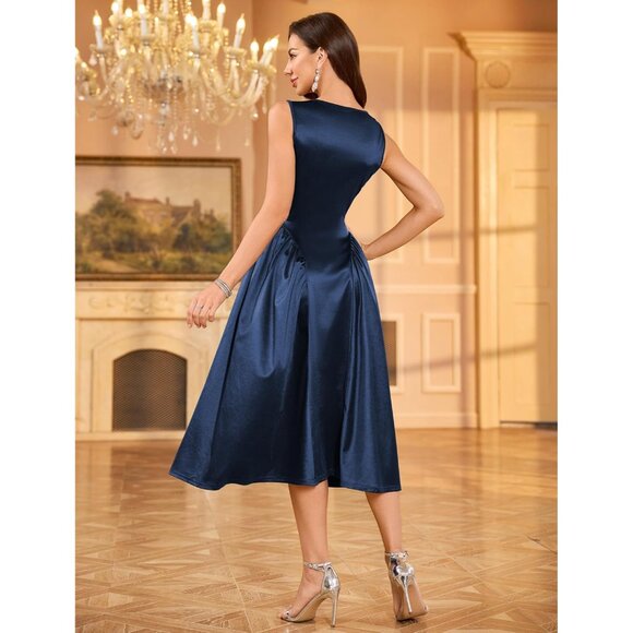 Women's Satin Cocktail Dress Semi Formal Sleeveless Midi for Wedding Guests - Picture 3 of 9